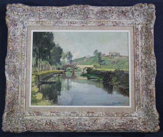 § Georges Charles Robin (French, 1903–2003) Bridge in a river landscape, 10.25 x 13.25in.